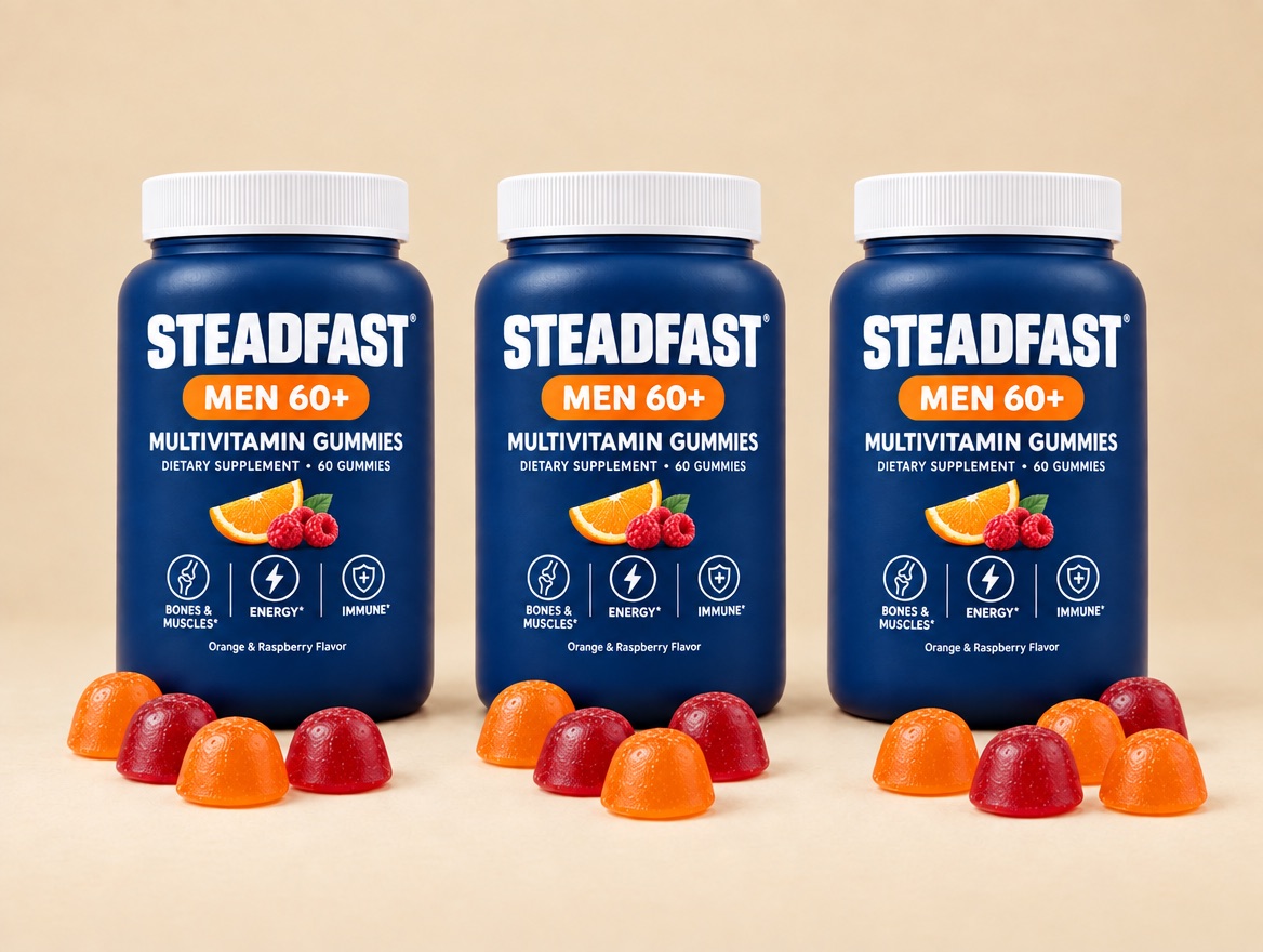 Three bottles of Steadfast Men 60+ Multivitamin Gummies