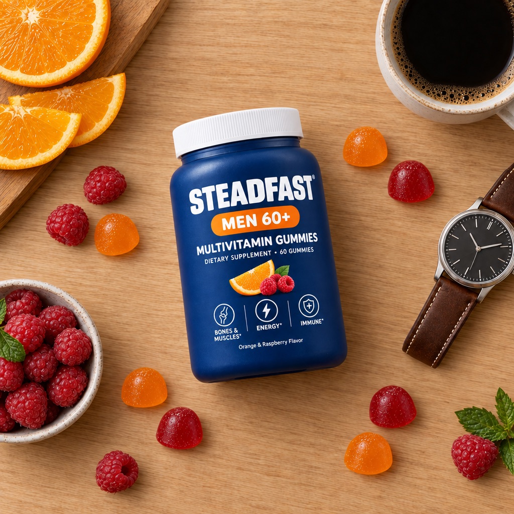 Steadfast Men 60+ bottle with fresh fruit, coffee and a wristwatch
