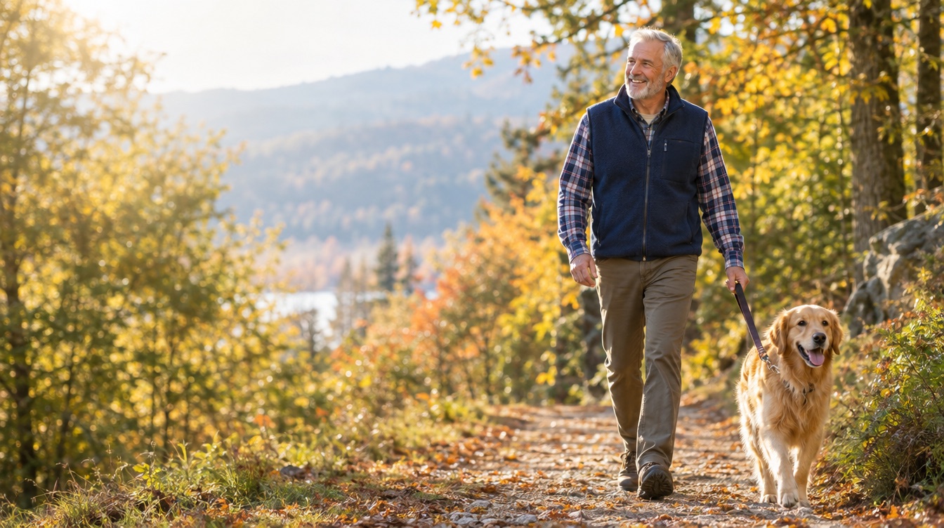 Man in his sixties walking a golden retriever on a forest trail in autumn